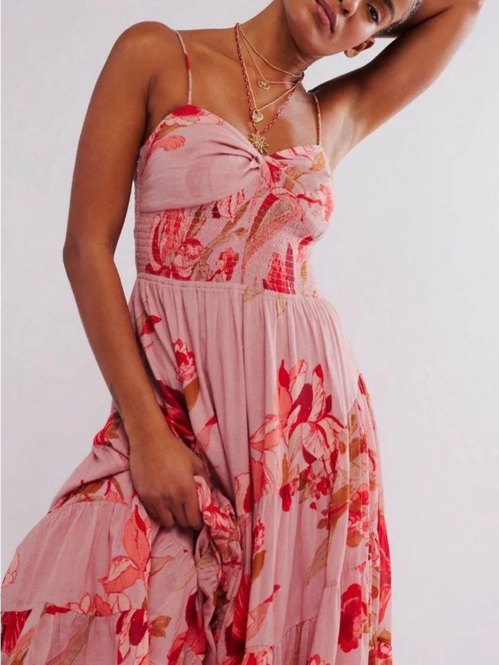 BNWOT Free People Sundrenched Maxi Dress Pink Floral Tiered Boho Maxi Smocked - Picture 3 of 7